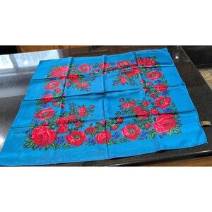 Vintage Scarf Blue Red Pink Floral Design Handmade 100% Acetate Rolled Hem NWOT